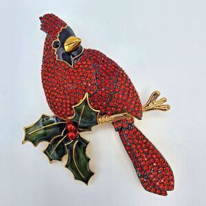 Joan Rivers Cardinal Brooch Vtg Pave Crystal Bird Enamel Holly Holiday Winter